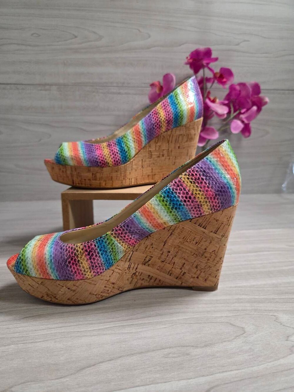 ​Nine West Cheerful30 Rainbow Snakeskin Cork Wedge Heels 7M